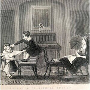 1859 Engraving Children Playing Horses Victorian Mother Children Art DWY5E